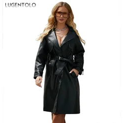 Abrigo de piel sintética para mujer, chaqueta elegante a prueba de viento, suave, de imitación de cuero, cortavientos largo cálido, Vintage, cinturón de una sola botonadura, ajustada