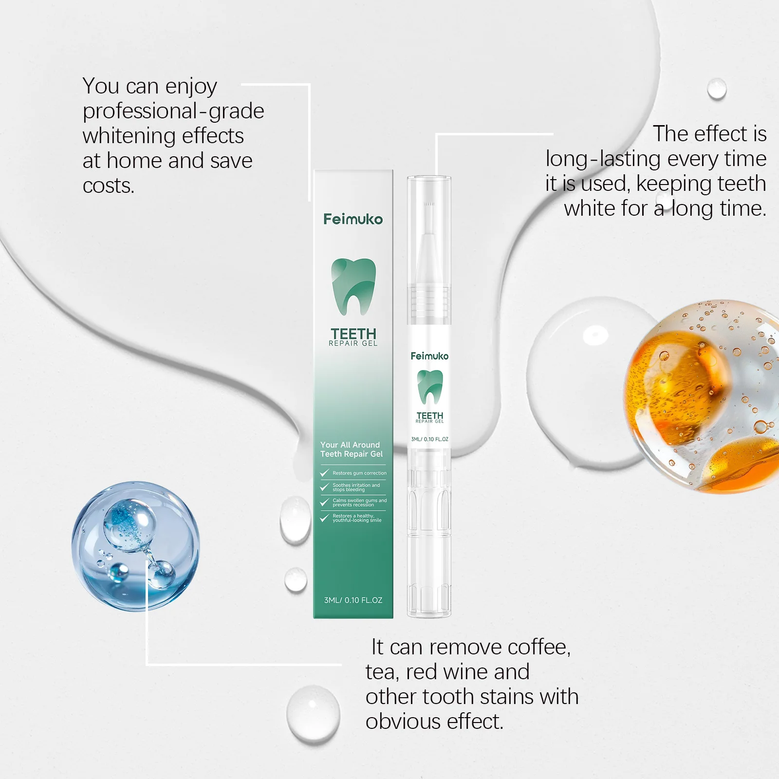 Feimuko Instant Teeth Whitening Gel Pen Moisturize Gum Care Deep Cleaning Long-Lasting Fresh Breath for Bright Beautiful Smile