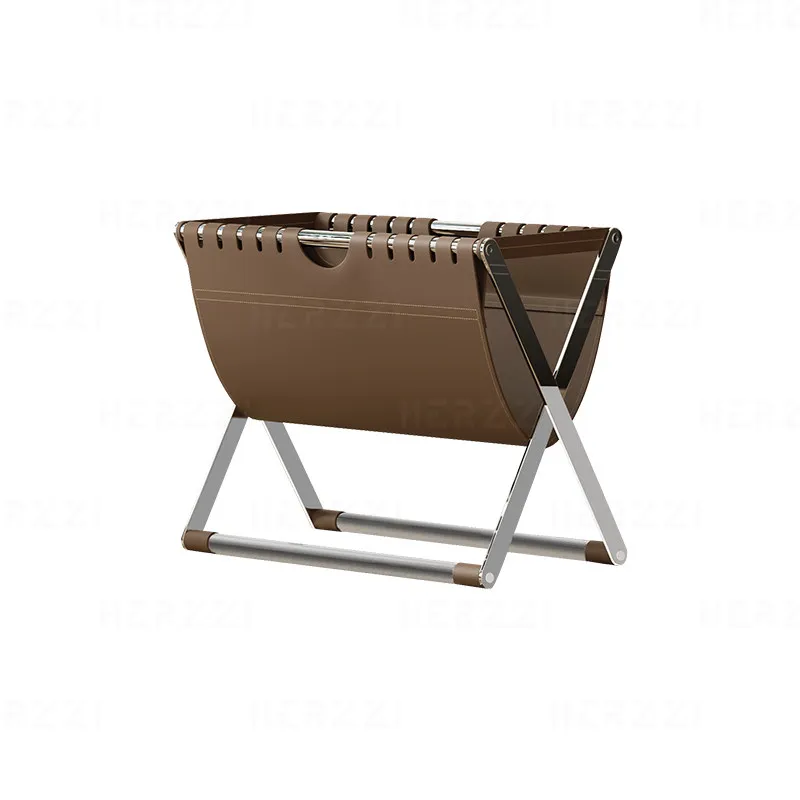 Italian Minimalist Stainless Steel Bookshelf Next to Sofa Bauhaus Saddle Leather Foldable Shelf