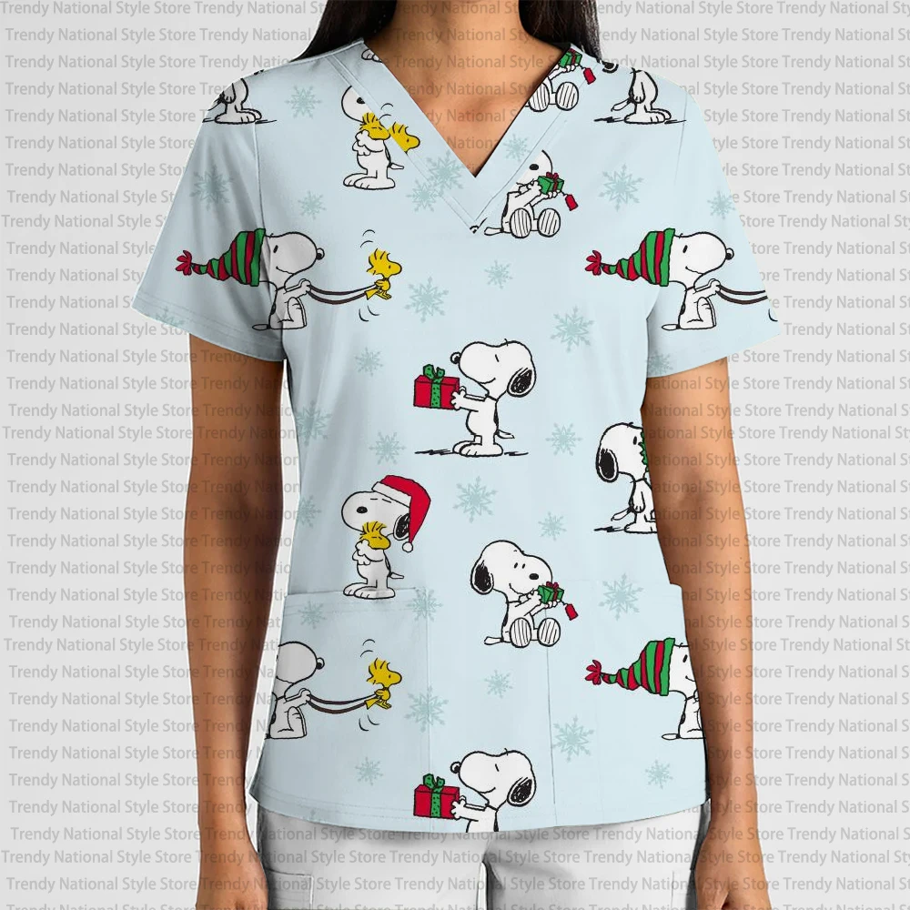 New Women's Elegant Casual Nurse T-Shirt with Cartoon Anime V-Neck Print Scrub Top, suitable for pet shops and grooming salons.