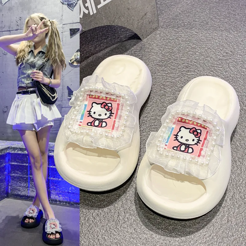 Kawaii Sweet Hello Kitty Sanrio Girls' Slippers Animation Mother and Baby Non-slip Home Soft and Comfortable Outdoor Beach Sanda