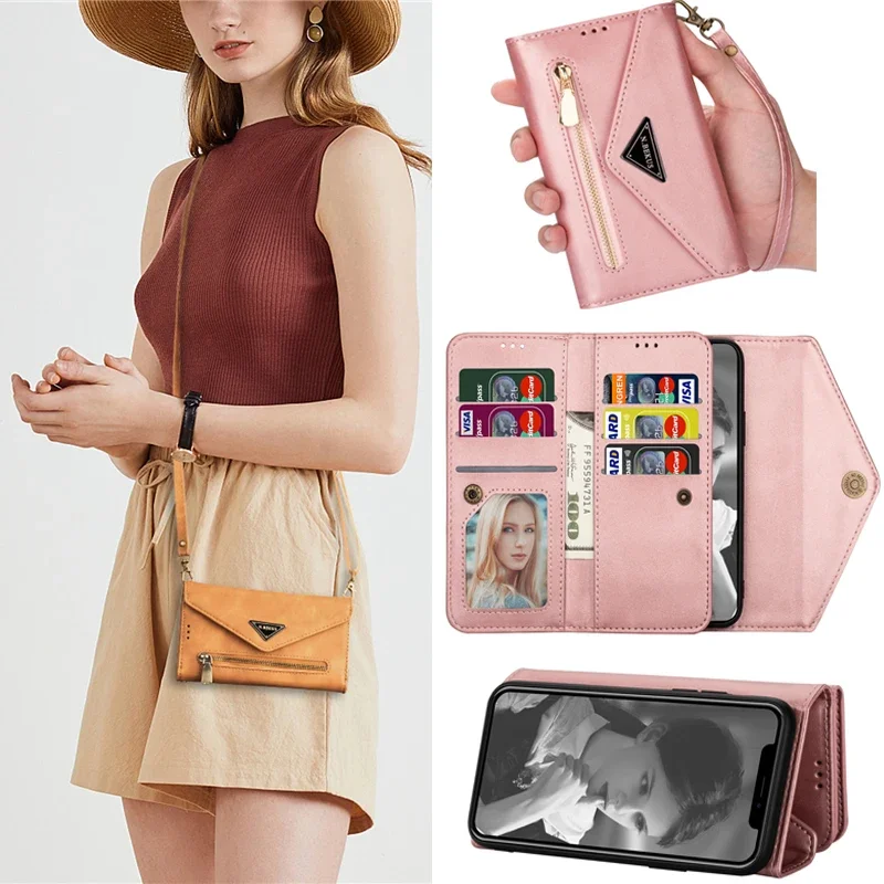 Fashion Crossbody Lanyard Wallet Case Cover For iPhone 14 15 13 12 11 Pro Max XR X 8 7+ Case Card Slot Stand Holder Purse Cover