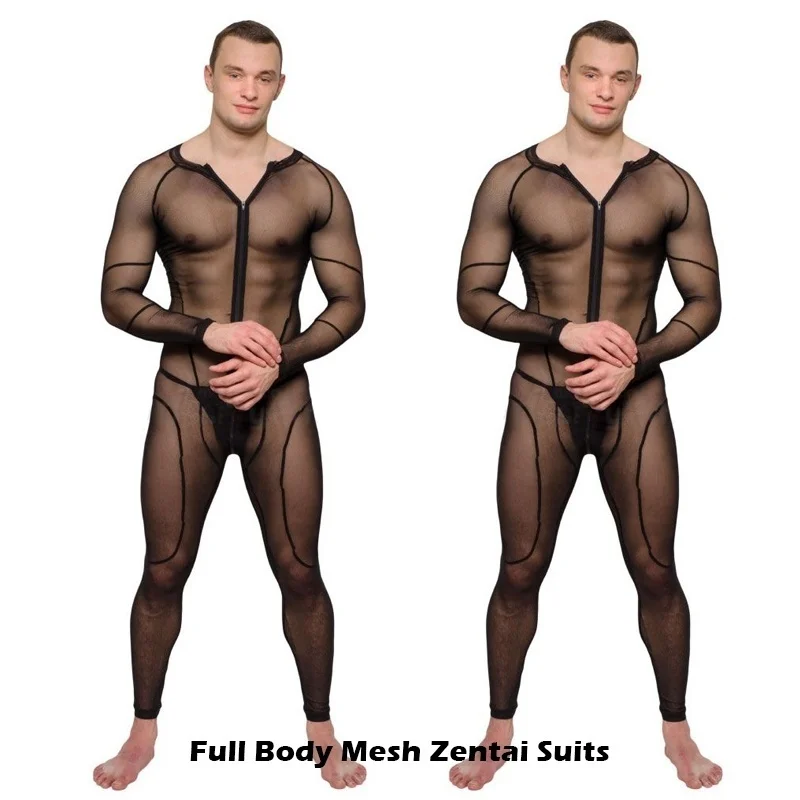 Erotic Costumes Men Spandex Full Body See Through Stitching Jumpsuits Men Sexy Strengthy Zentai Suits Gay Sex Suits