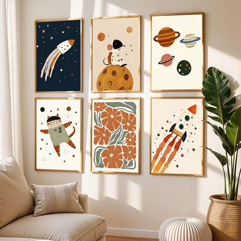 Space Astronaut Wall Art Boho Planet Rocket Fun Prints Canvas Print Cartoon Cosmic Poster for Kids Nursery Playroom Decor