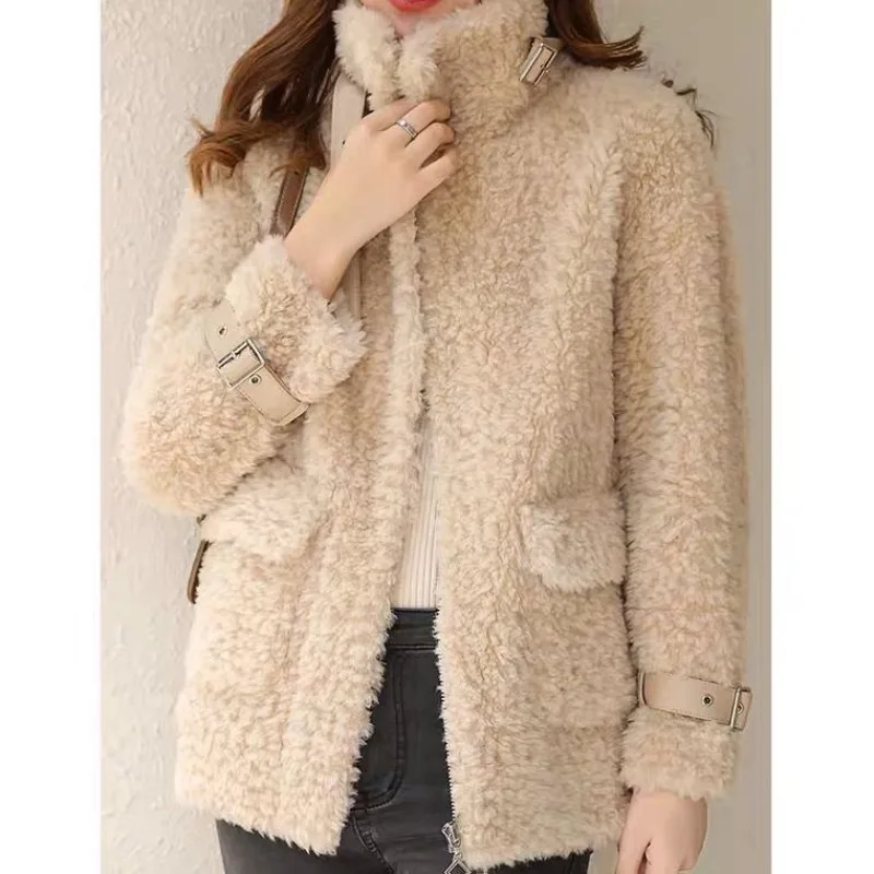 

2023 Winter New Women Faux Fur Coat Fashion Stand Collar Short Outwear Loose Thicken Warm Jacket Pure Color Casual Outcoat