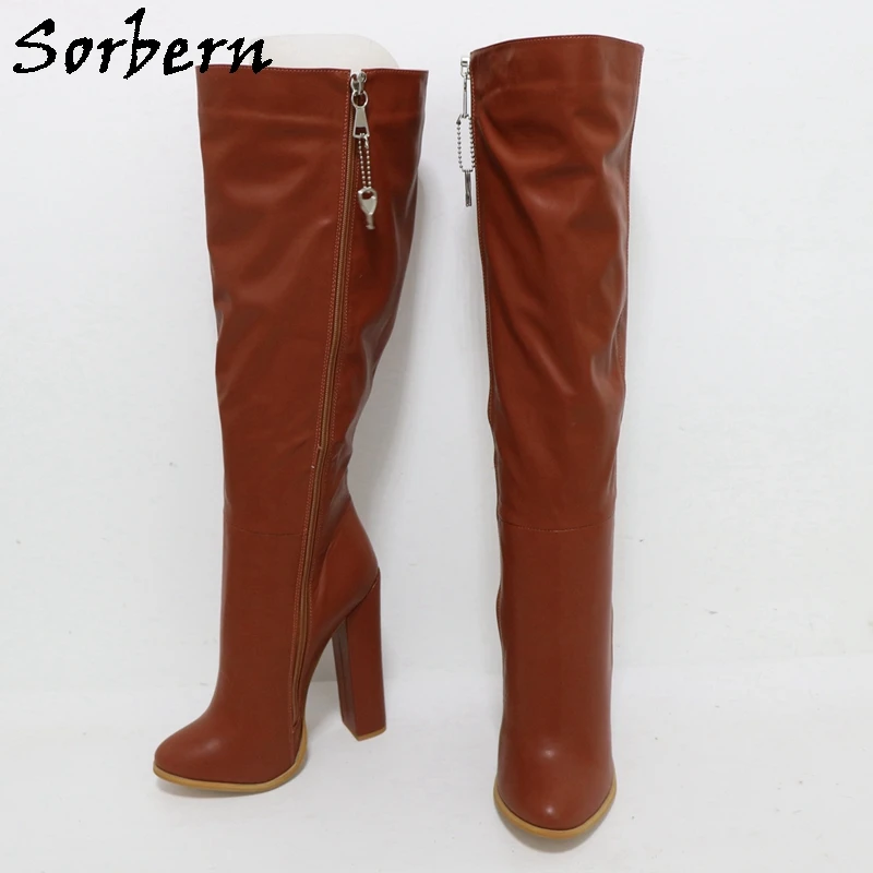 Sorbern Custom Brown Knee High Boots Women Unisex Style Cute Round Toe Block High Heel 14Cm Lockable Zipper Big Size Eu33-48