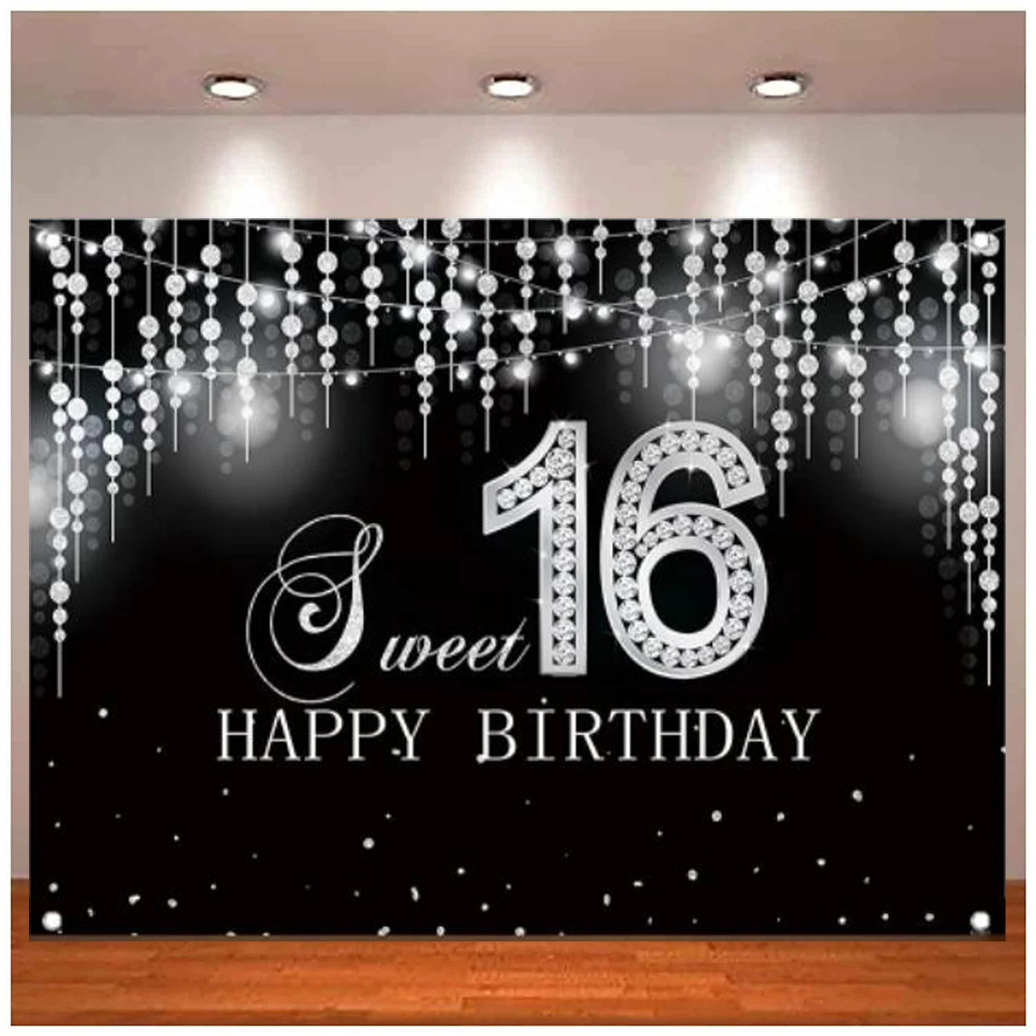 

Photography Backdrop Silver And Black 16th Birthday Party Decorations Diamond Girls Princess Sweet Sixteen Background Banner