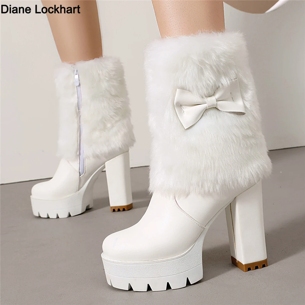 

Women's Fur Platform Ankle Boots Shoes Fashion Bow 11CM High Heels White Black Autumn Winter Short Boot Ladies Large Size 34-50