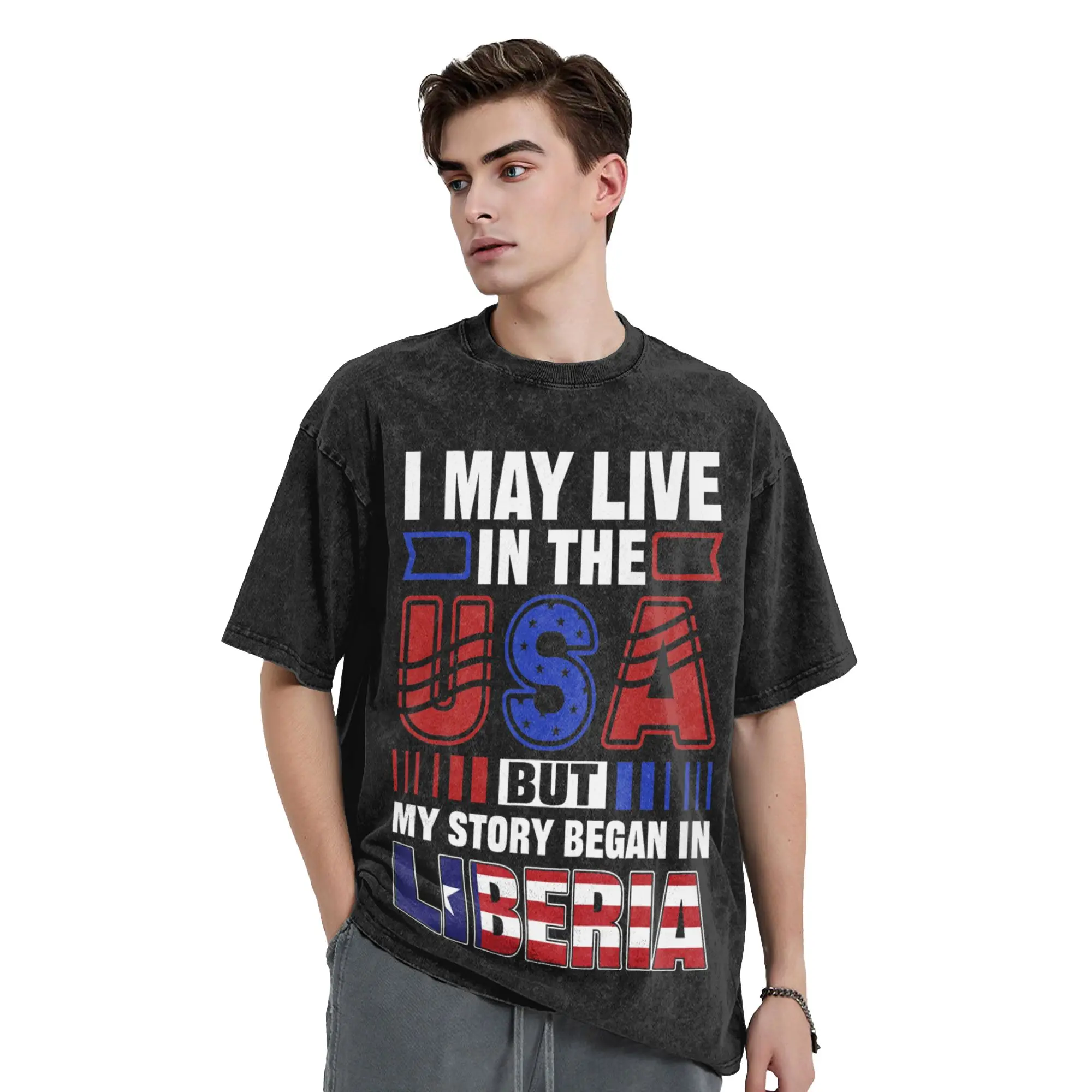 Liberia Flag USA Liberian Liberia Washed T Shirts Streetwear Vintage T-Shirt  Tees Tops Men Women Cotton Oversize Summer