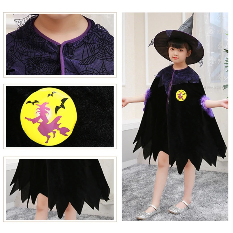 Halloween crianças trajes meninas bruxa cosplay conjuntos manto + chapéus crianças halloween cosplay festa wear carnaval festa presente 3-10y