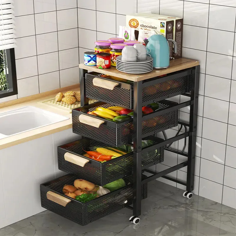 Fruits Vegetables Storage Cart Multifunctional Storage Cabinet Floor Narrow Seam Storage Baskets Pull-out Type Kitchen Furniture