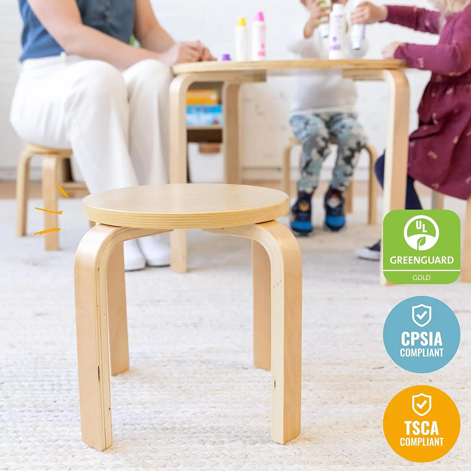 Bentwood Round Table and Stool Set, Kids Furniture, Natural, 5-Piece