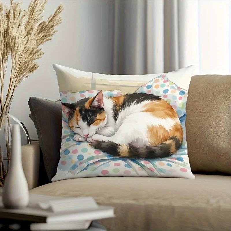 Cute Calico Cat Sleeping Pillow Case, Soft Polka Dot Cushion Cover for Sofa Bedroom, Cozy Pet Lover Home Decor Throw Pillowcase