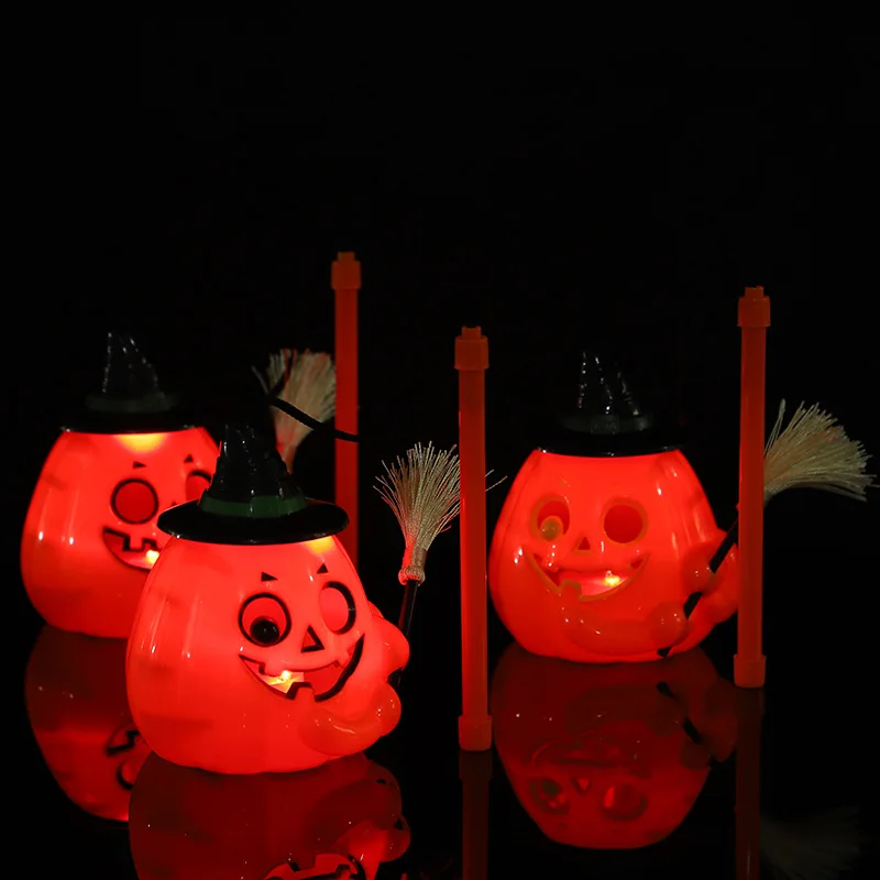 Halloween Handheld Pumpkin Lantern with Witch Hat & Broom, Kids Trick or Treat Light Toy for Halloween Party Decoration