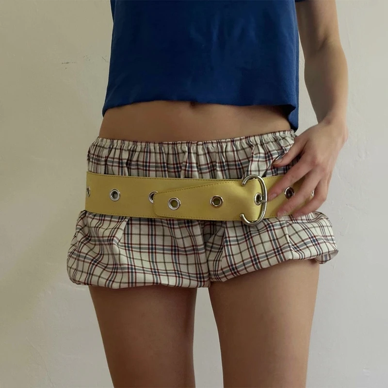 Vintage lindo Micro Mini pantalones Y2k trajes mujeres cuadros Bloomers pantalones cortos 00s Retro Casual pantalones cortos de cintura elástica ropa de calle de verano