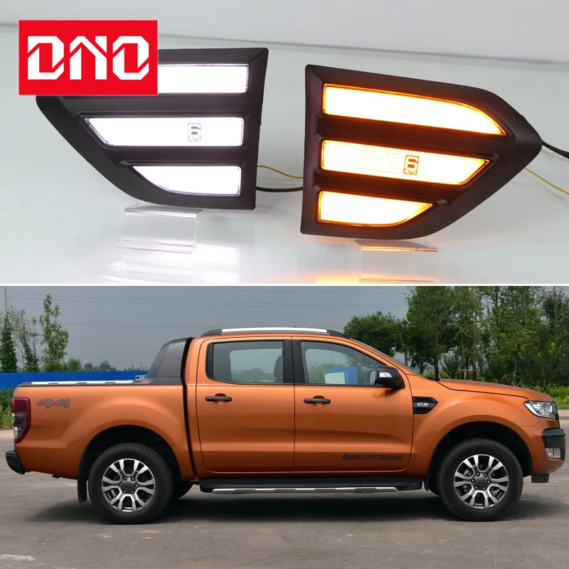 Car LED DRL 12V Daylights For Ford Ranger 2015 - 2019 Yellow Turn Signal Daytime Running Headlamps Auto Driving Lamp Foglamps