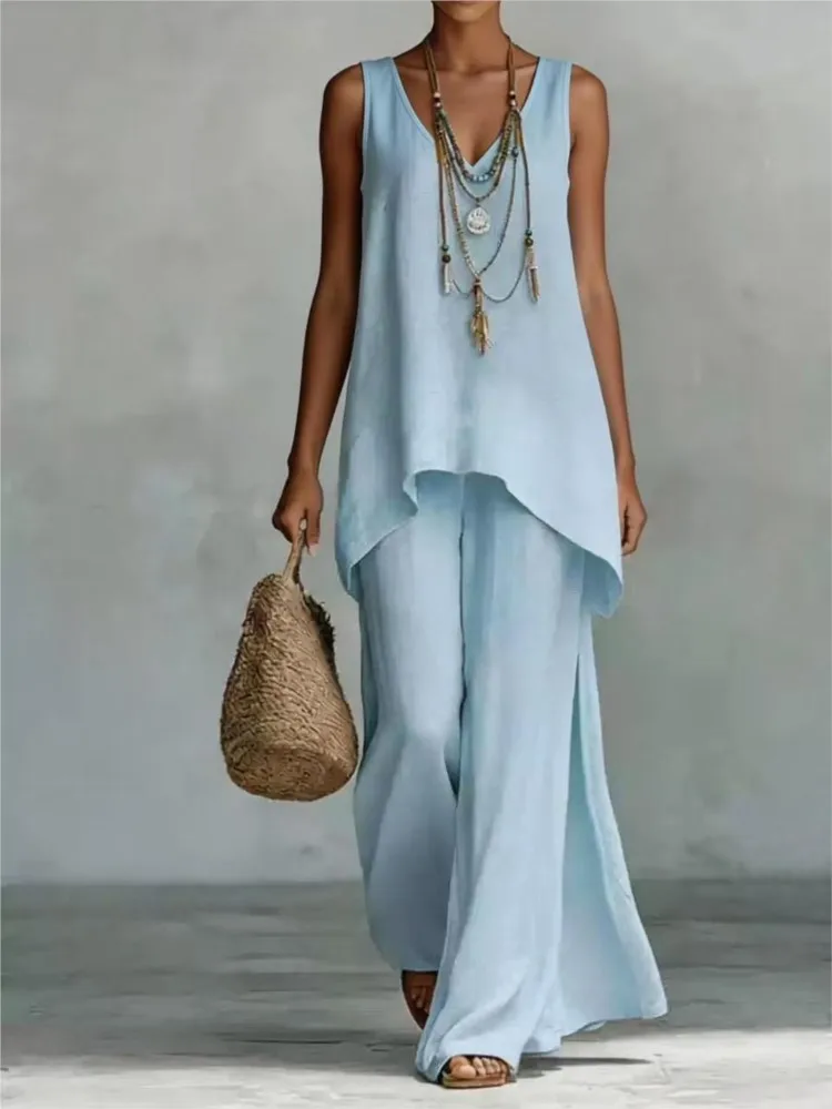 

Summer New Women's Bohemian Loose Set V-Neck Tank Top And Wide Leg Pants 2 Piece Set Casual Retro Print Beach Vacation Outfits
