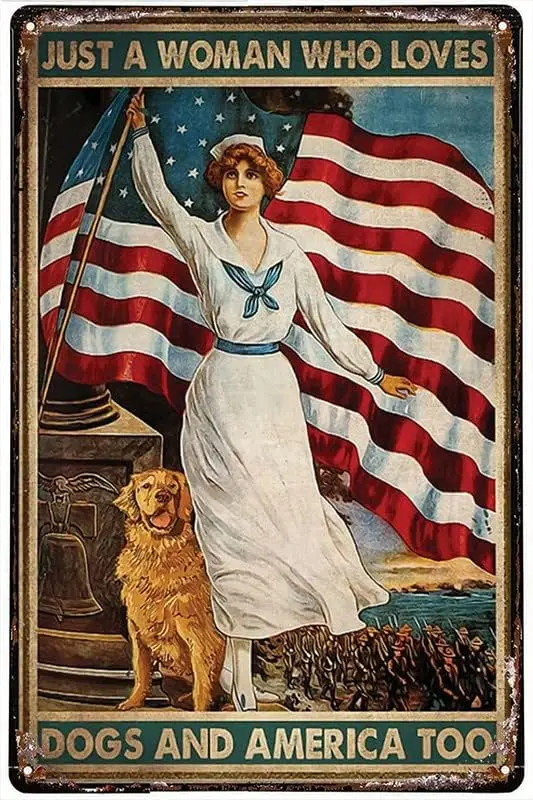 Funny Novelty Tin Sign Golden Retriever Just A Woman Who Loves Dogs And America Too Metal Sign Vintage Retro Rustic Pub Wall Dec