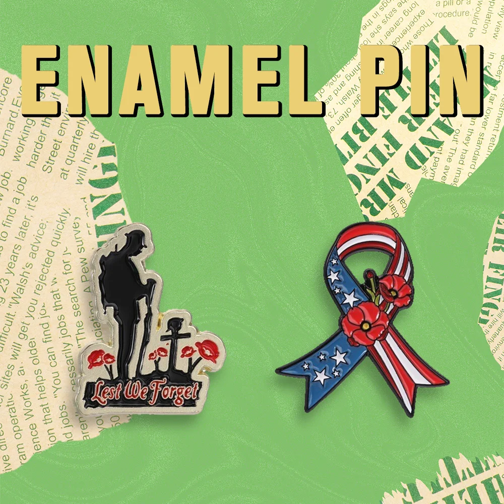 Broche émaillée patriotique motif coquelicot rouge, drapeau américain, ruban et silhouette de soldat pour le badge du Memorial Day