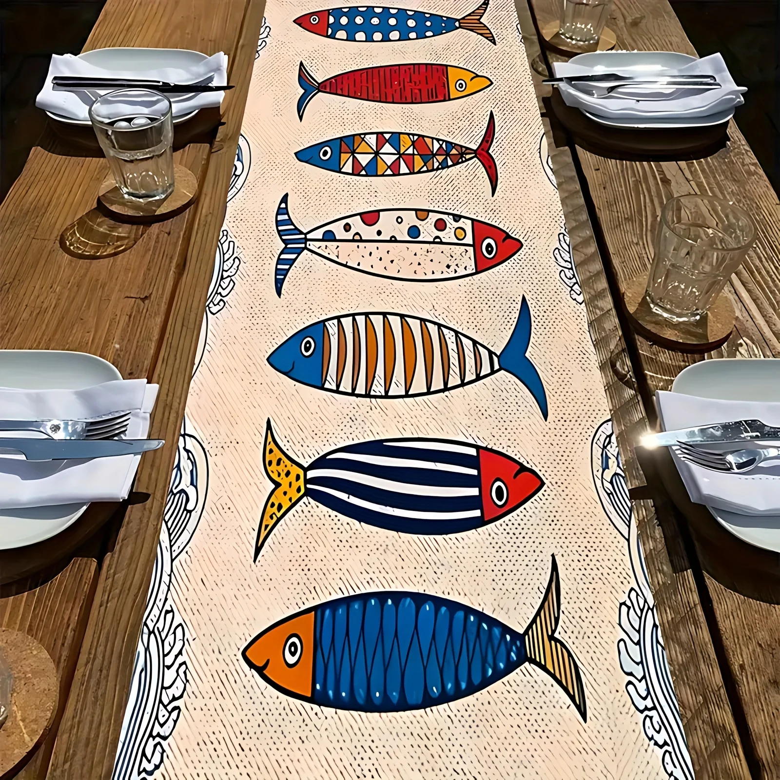 Colorful Cartoon Fish Nautical Tablecloth - Beige Background  Easter Party Themed Dining Decor