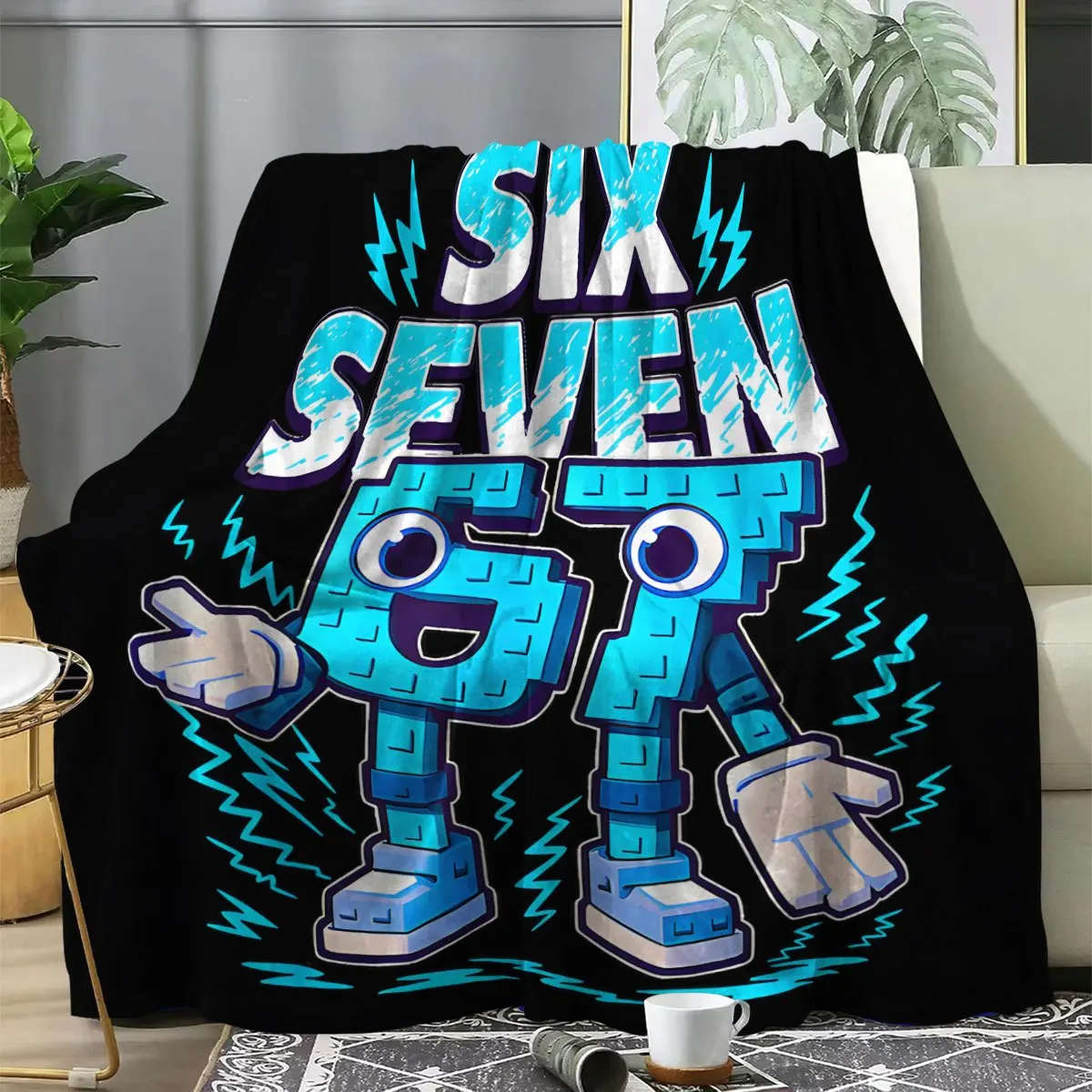 Number 67 Printed Quilted Bedspread - Blue Black Flannel Blanket, Lightweight for Sofa, Bed, Travel, Camping