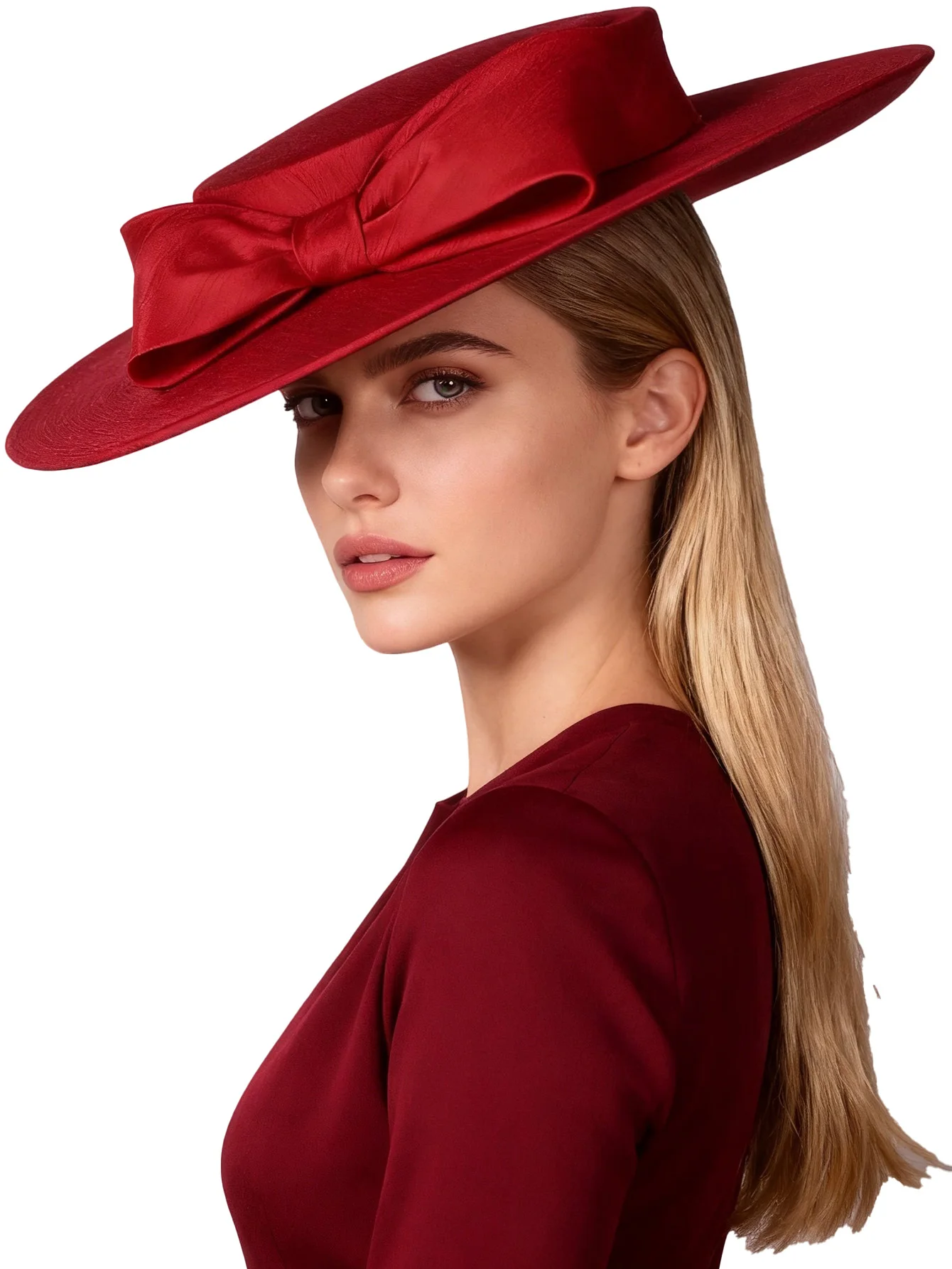 FS Elegant Wide Brim Ivory Hats For Women Big Bow Formal Occasion Kentucky Cap Lady Wedding Cocktail Party Flat Top Fedoras 2024