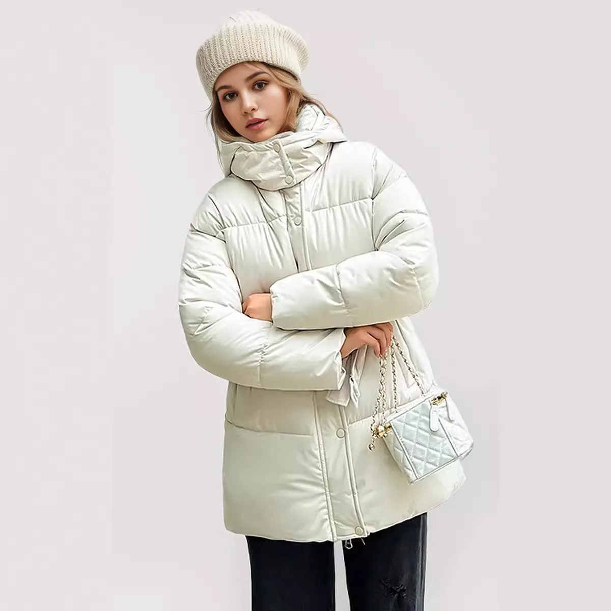 2024 Winter Women\'s Jacket Female Casual Waist Slimming Hooded Short Cotton Jacket Women Pure Color High Collar Warm Parkas