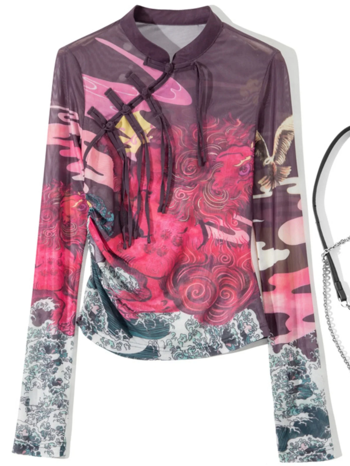 

Elegant Slim Fit Long Sleeve Lace Shirt Women's Fashion Printed Mesh Stand Collar Button up Top See through Commute Style Pol...