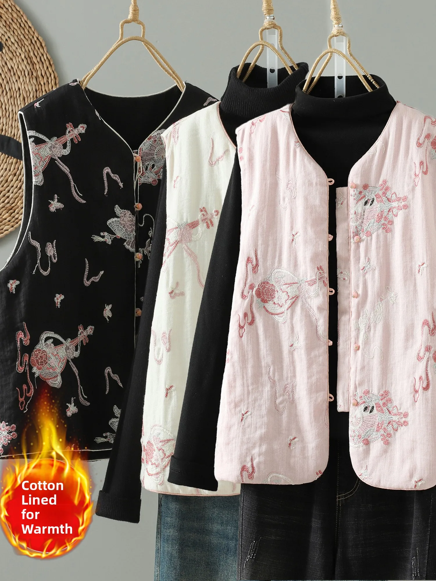 

New Chinese Sle Heavy Embroidery Cotton Vest Women's Autumn Winter Outerwear Warm oulder Pad Top Button round Ne