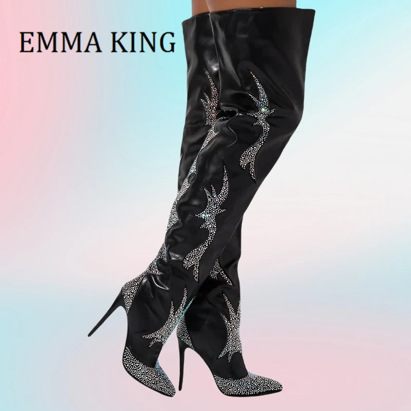 Black Faux Leather Rhinestone Embellished Boots For Women Sexy Pointy Toe Stilettos Thigh High Boots Nightclub Party Dress Shoes