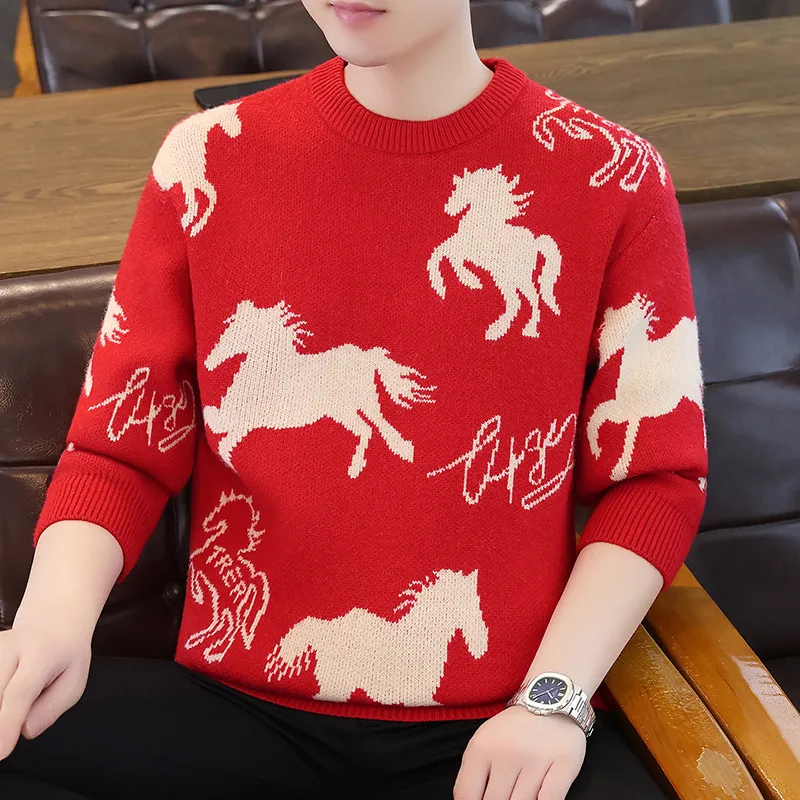 

2025 New Men's Knitted Sweater Couple Winter Wear Year Red Knitwear Youth Thiened Soft Acrylic Cisas Sle Casual