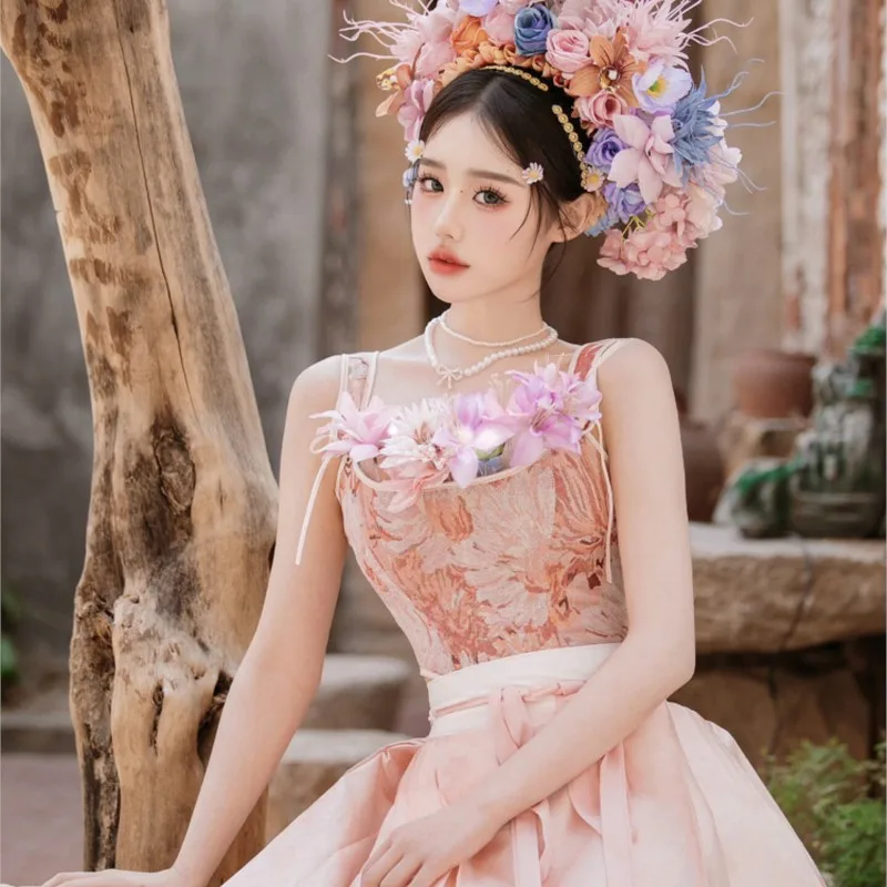 

New hair flower headwear female pink dress chest set