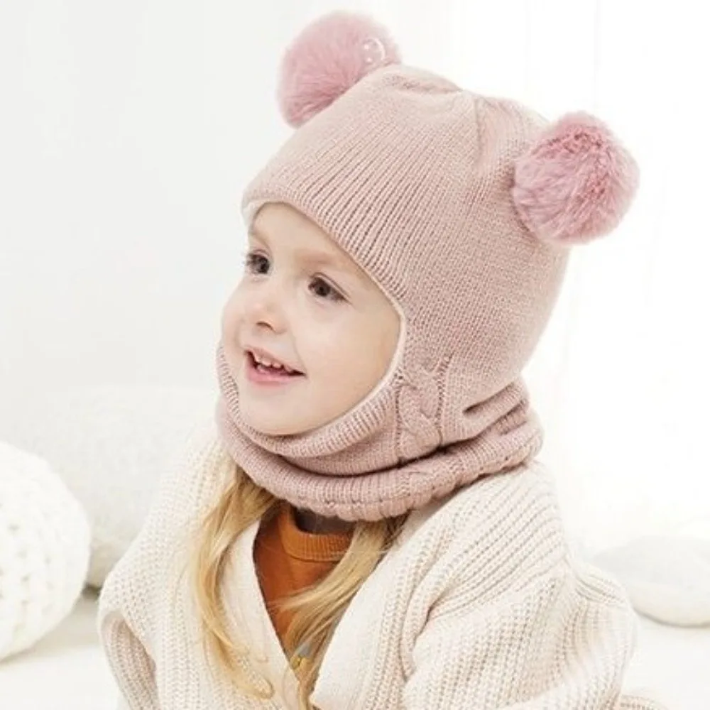 Coldproof Scarf Mask Integrated Hat Warm Lining 4 in1 Children Windproof Hooded Hat Cartoon Fur Balls Decor Windproof Hat