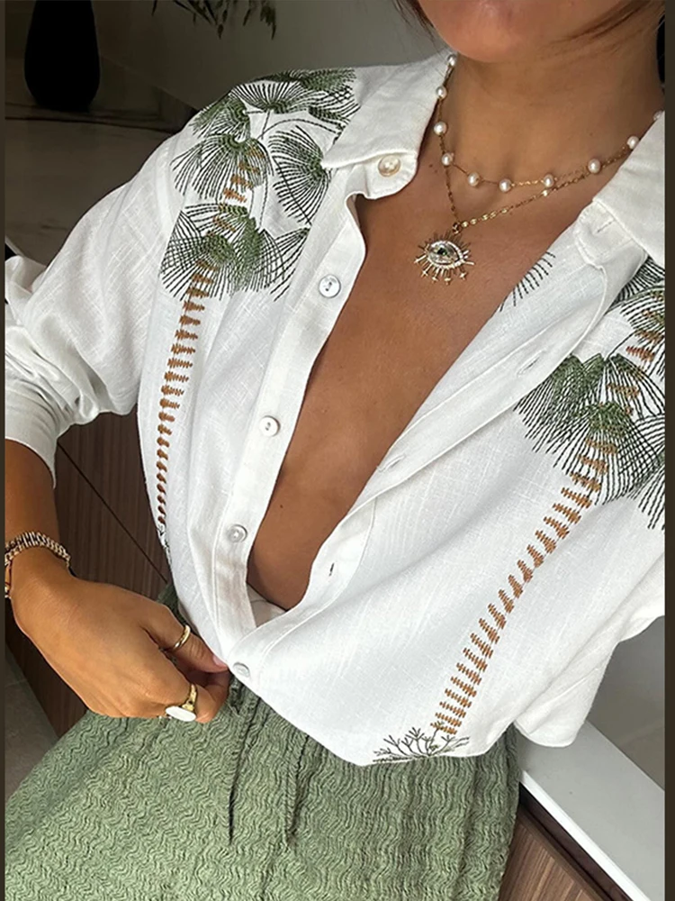 Printed Lace Up Women Trouser Suits Turn-down Collar Single Breasted Shirts Wide Leg Pants 2024 Spring Summer New Chic Lady Sets