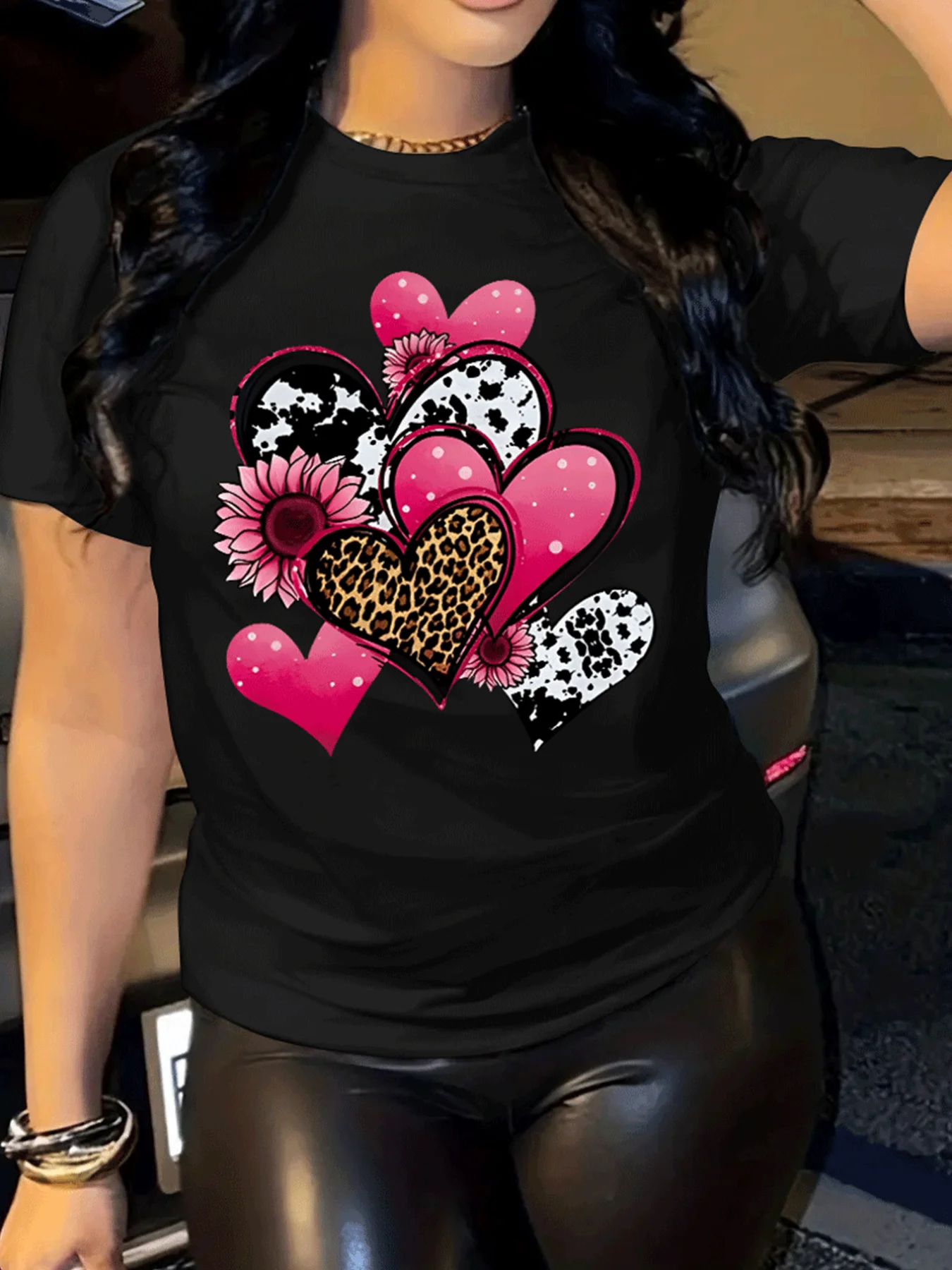 Pink Hearts Cow Print Leopard Sunflower Print T Shirt Women Western Country Boho Polyester Short Sleeve Casual Graphic Top
