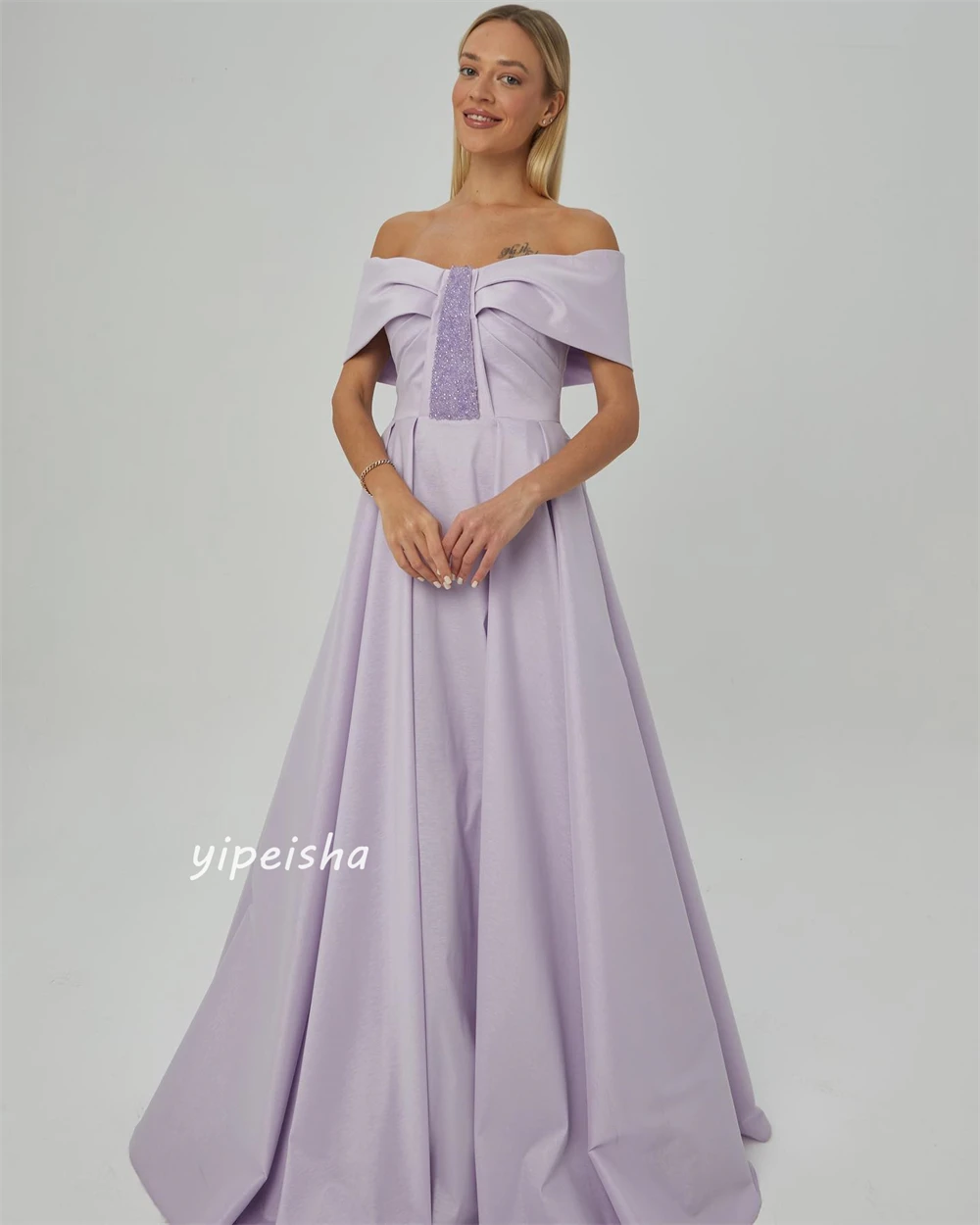 Jersey berpayet manik-manik Quinceanera A-line Off-the-shoulder Bespoke gaun acara gaun panjang Prom