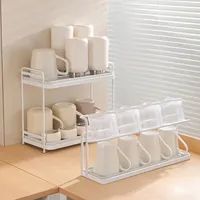 2 Layer Cup Organizer with Drain Tray Countertop Storage Rack for Mugs Thermos Cups Kitchen Organizers and Storage Spaces Shelf