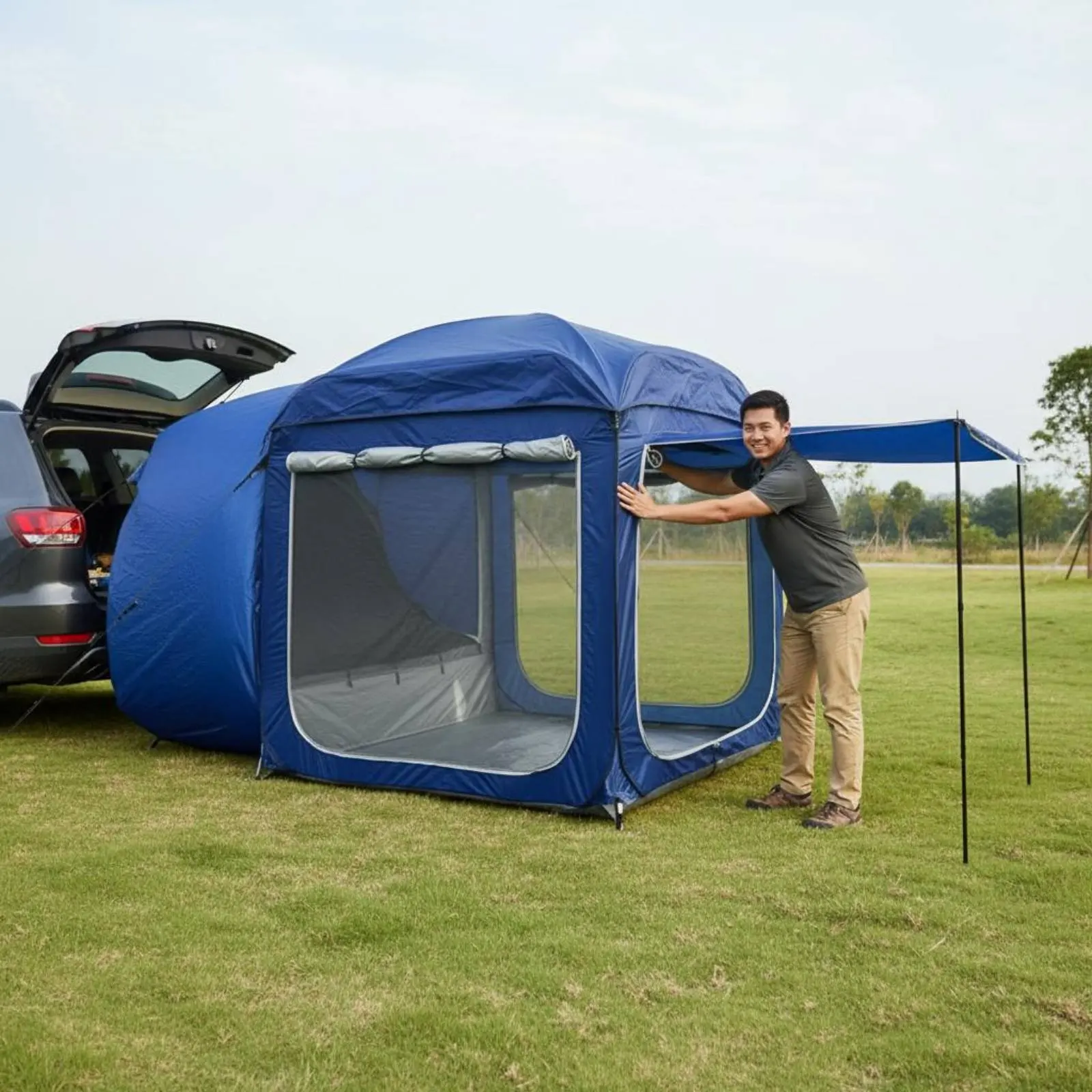 Car Rear Extension Tent Automatic Setup SUV Tailgate Tent Vehicle Attached Awning Waterproof Mesh Openings for Travelers