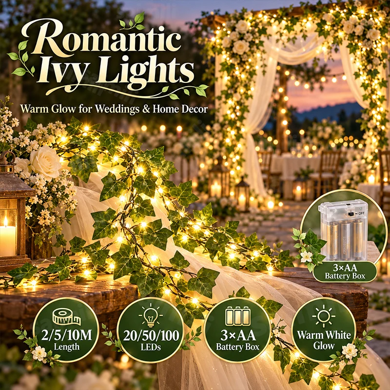 Ivy Vine LED String Lights Battery Operated Warm White Fairy Lights Leaf Garland For Wedding Party Ceremony Backdrop Table Decor