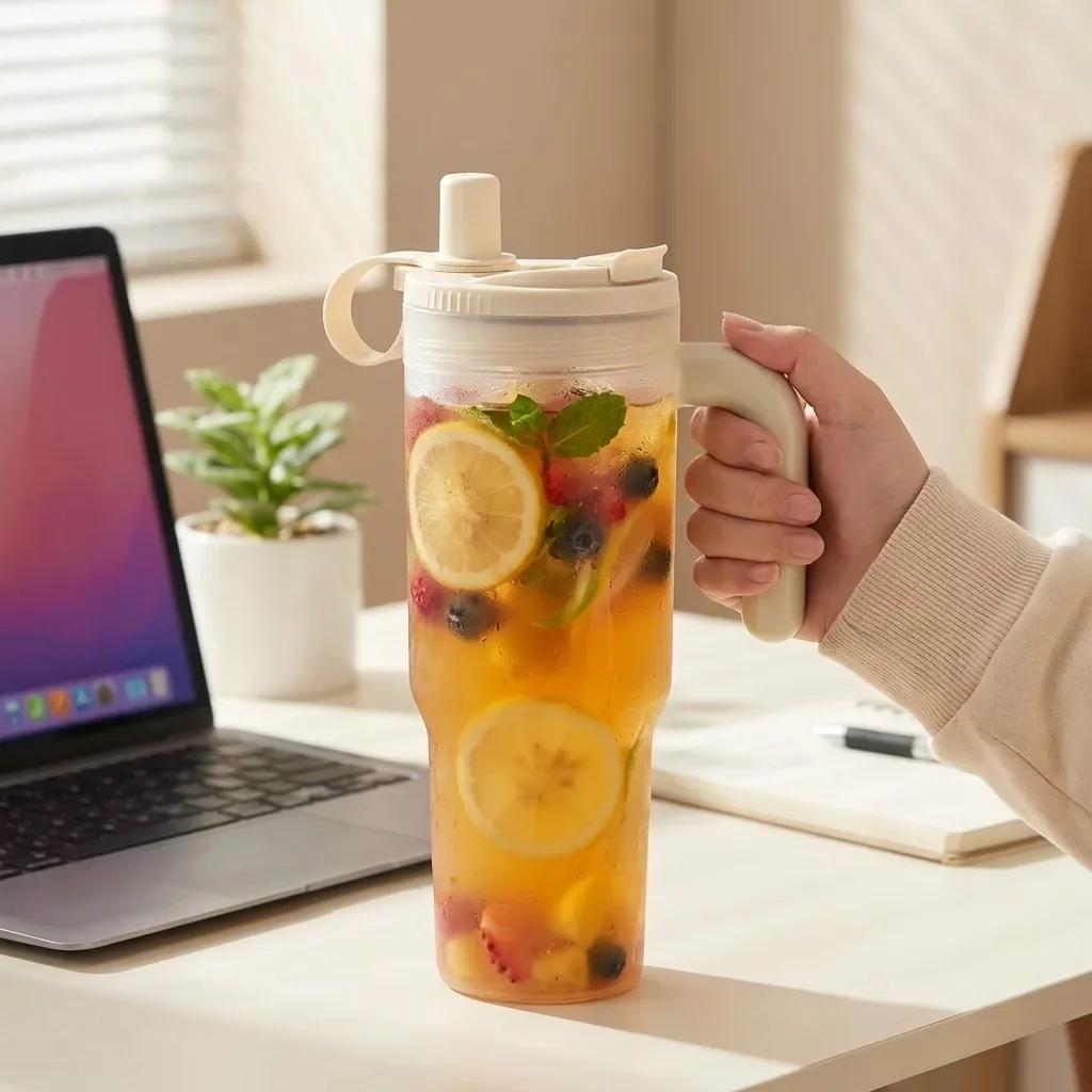 850ML Portable Water Bottle With With Strainer&Straw Clear Plastic Tumbler Cold And Heat Resistant Leak-proof Drinking Bottle