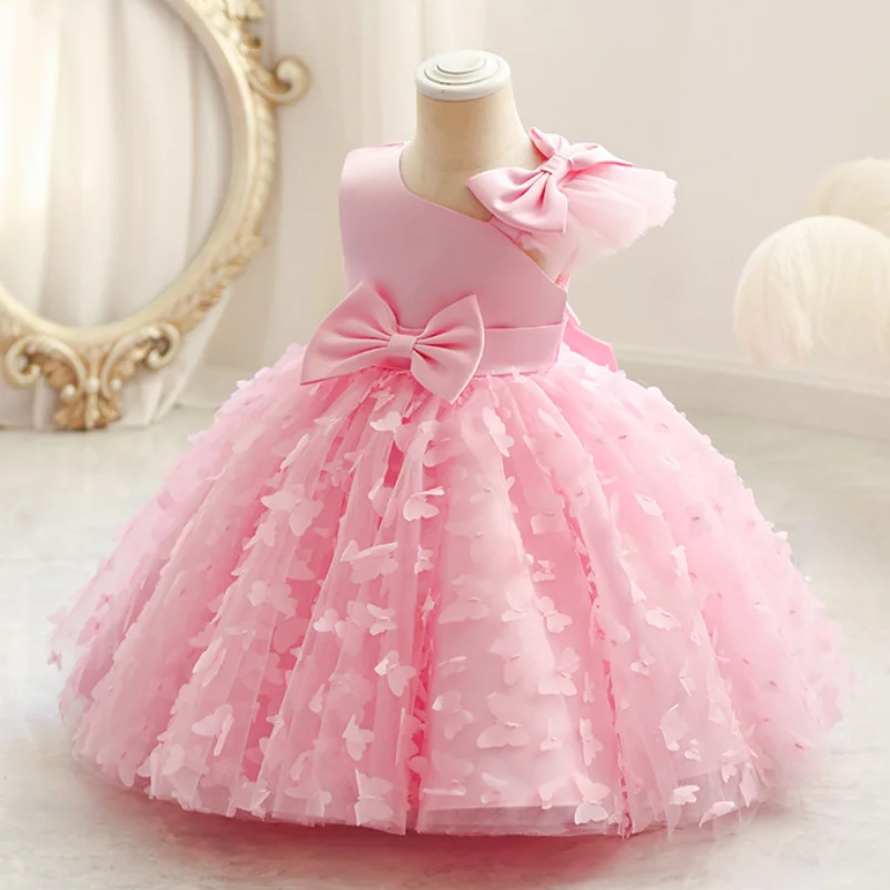 New Cute Butterfuly Flower Girls Brithday Wedding Dress Baby Kids Beauty Dress With Bownot