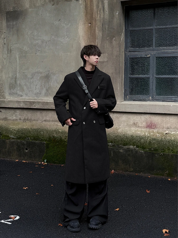 

Black Long Thickened Woolen Coat Men's Winter Korean Style Atmosphere Windbreaker Tall Size Polyester Fiber Warm Long Sleeve