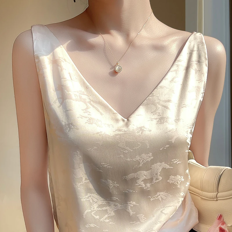 

Women's T-shirt summer new silk suspenders casual solid color V-neck satin Tees ladies clothes loose Tops vest