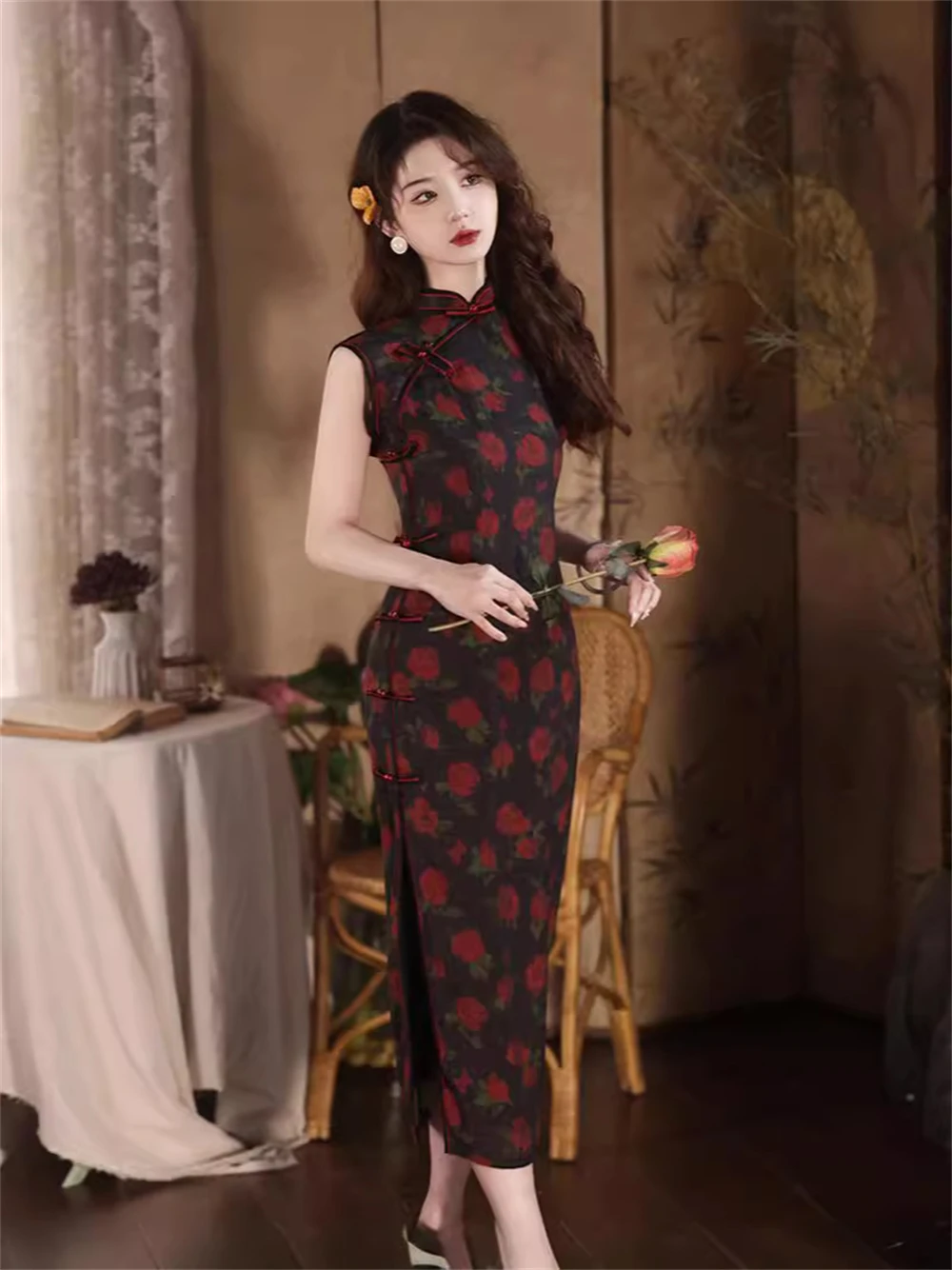 Elegant Temperament Red Rose Print Cheongsam Long Private Dress Pure Desire Charm Sexy Qipao Lady Sleeveless Evening Party Gown