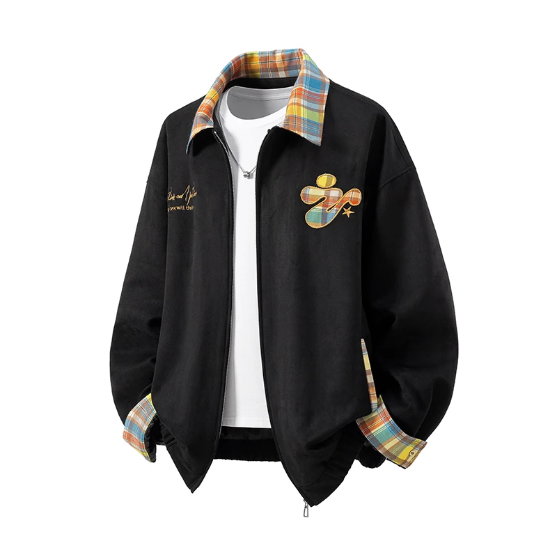 Kurtka męska zamszowa haftowana nowa jesienna modna markowa kontrastowa kolorowa kurtka w kratę z klapami
