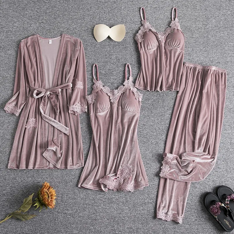 

Velour Pajamas Suit Burgundy Womens 4PCS Nightgown Sleep Set Spring Robe Gown Sleepwear Pijamas Velvet Nightwear Home Clothing d