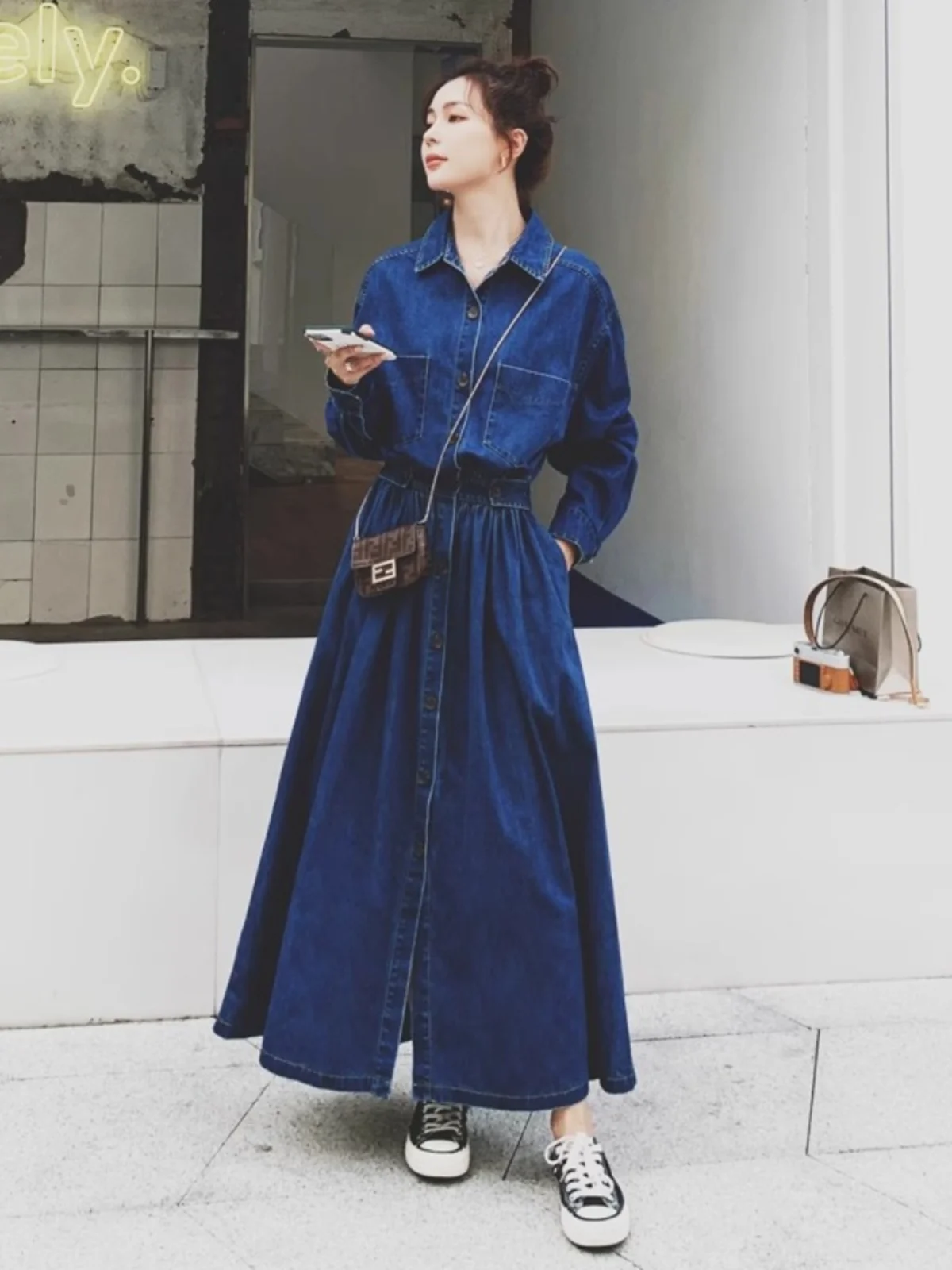 Vintage-Jeans kleid im französischen Stil Frauen Frühling Herbst lange Ärmel einreihige Kleider Mode All-Matched langen Rock