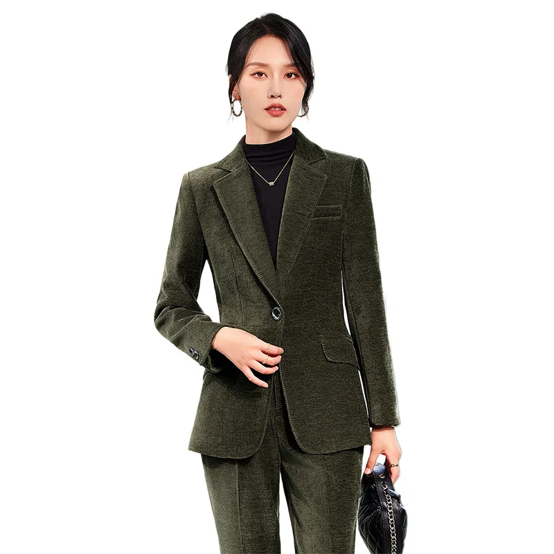 2024 Autumn New Corduroy Elegant Pant Suit Ladies Formal Business Work Wear 2 Piece Set Green Wine Jacket Blazer And Trouser