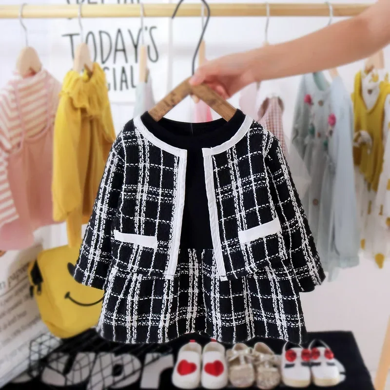 Fashion Kids Girls Princess 2pcs Clothes Set Spring Autumn Children Plaid Outwear+Skirts Vintage Outfits Suit Baby Girl Clothes