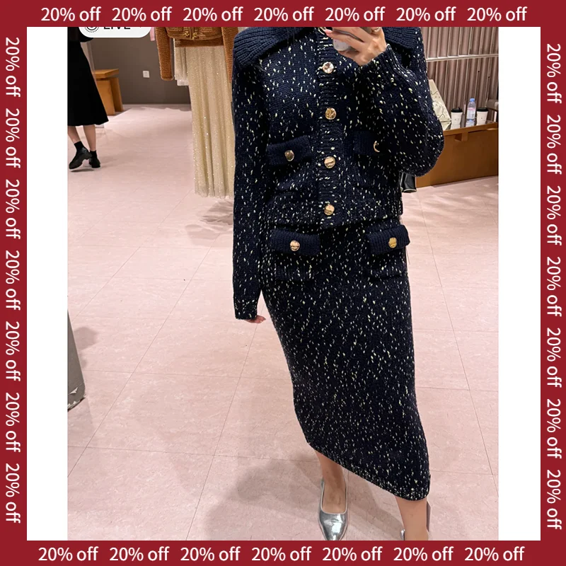 

Deep Blue Snowflake Knitted Set Autumn College Style Top And Half Skirt Fashionable Women's Two-Piece Cotton Suit for Fall